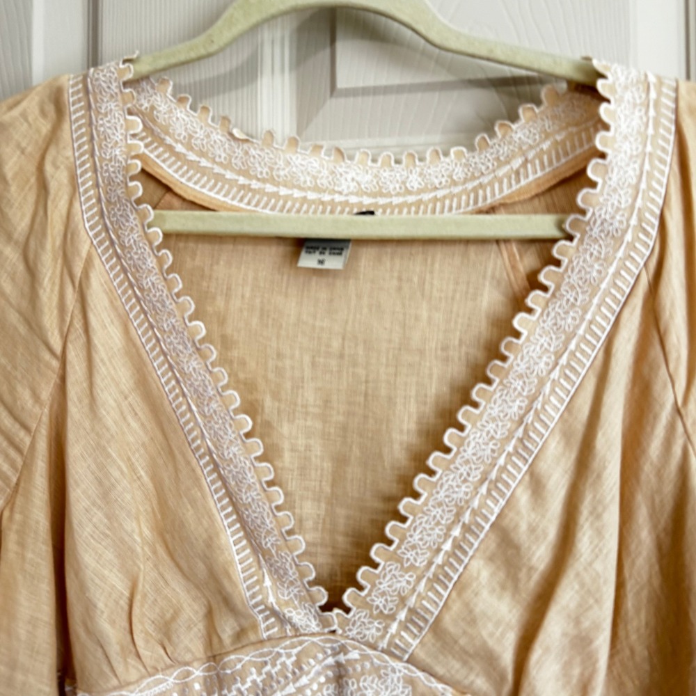Vintage Linen Embroidered Blouse Tan Scalloped Trim Size 16 Boho Coastal Grandma - Picture 2 of 9